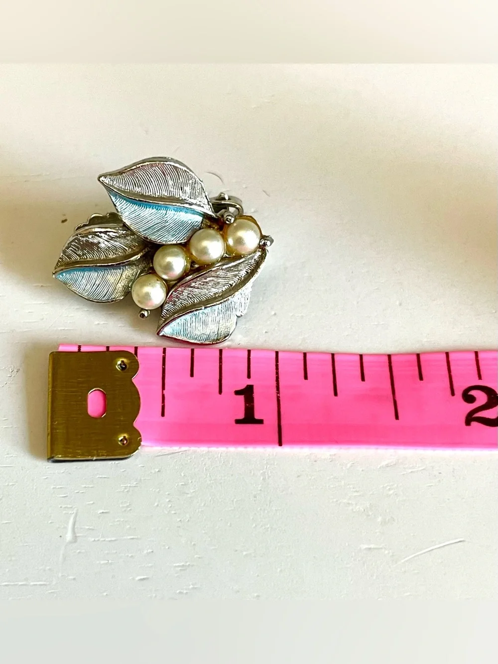 Vintage 1960s Blue Leaf Faux Pearl Cluster Clip Earrings Silver-Tone Floral MCM